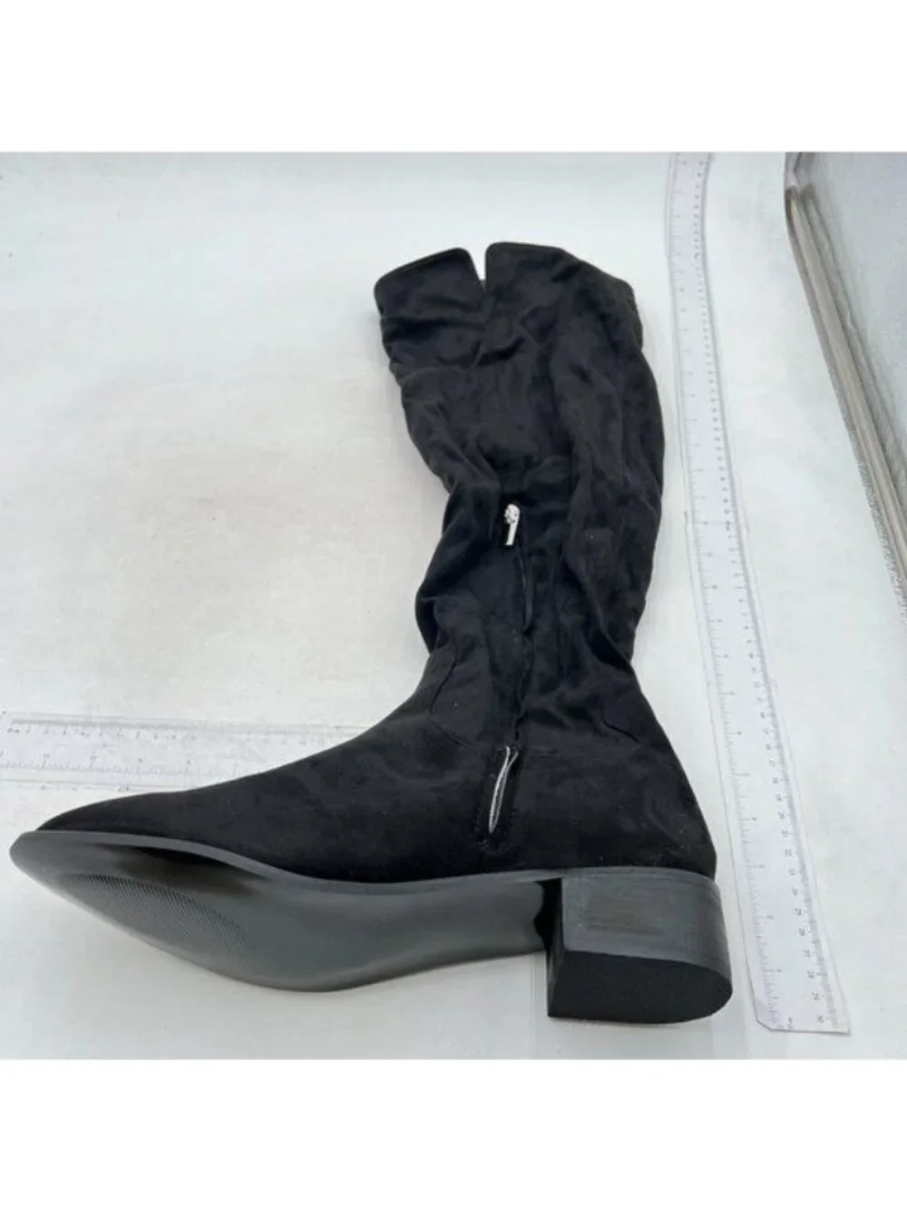Pazzion Women Almond Toe Knee High Boots with Partial Zipper Stretchy Flat Black